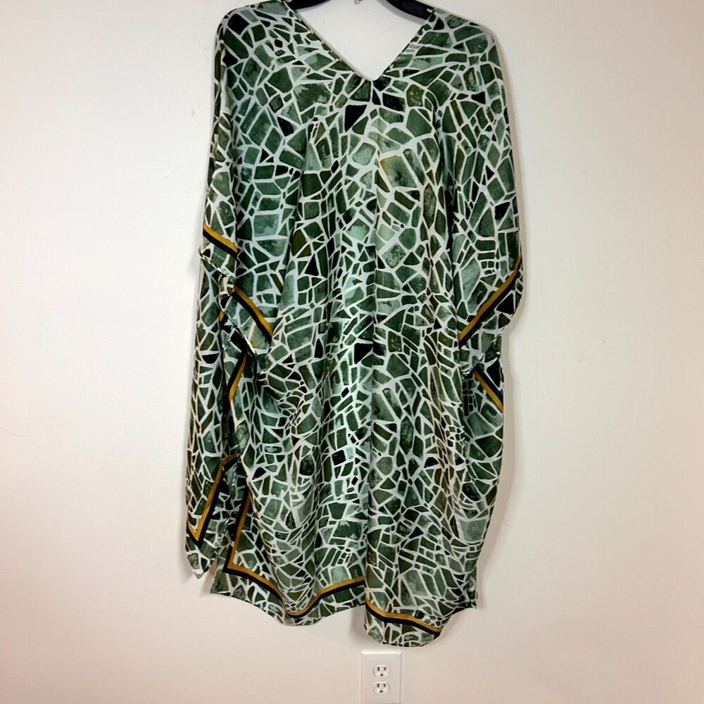 Kaftan Dress Women One Size Green Abstract Glass V-Neck Oversized Cover Up Beach